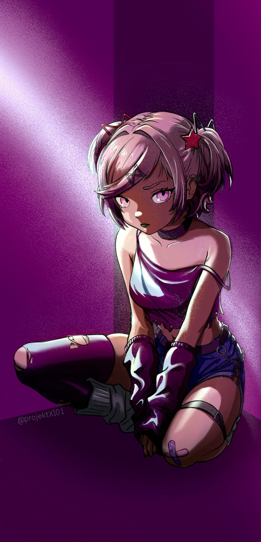 1girl, arm_warmers, artist_name, bandaid, bandaid_on_knee, bandaid_on_leg, barbell_piercing, bare_shoulders