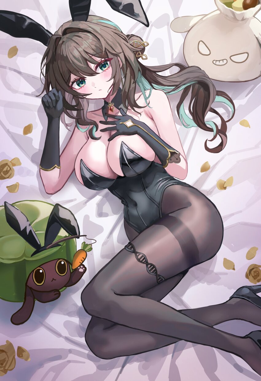 :/, absurdres, alternate_costume, animal_ears, aqua_hair, bare_shoulders, bed_sheet, black_collar