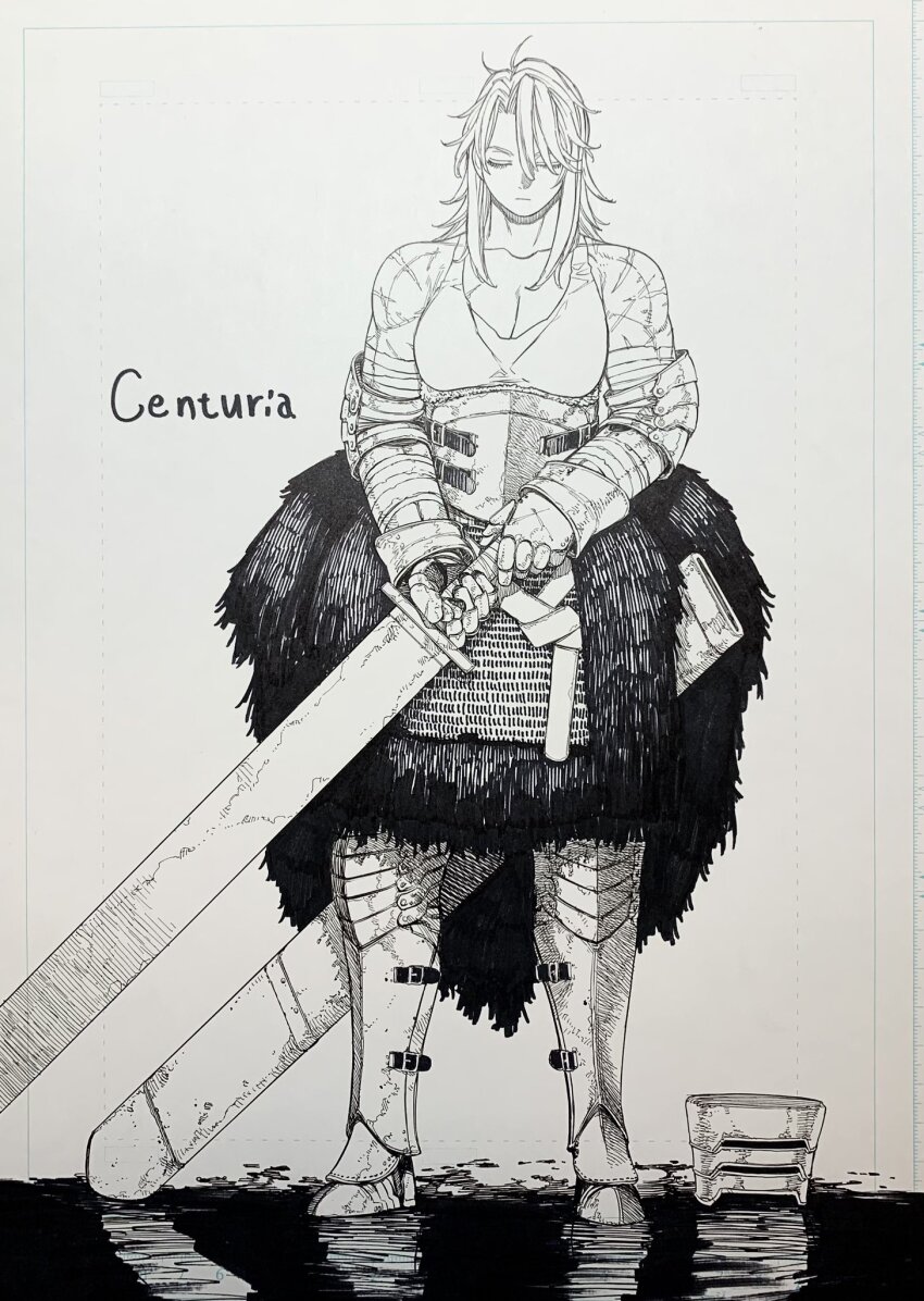 1girl, angvall, armor, armored_boots, blood, boots, breasts, cape, centuria, chainmail, coat, copyright_name, fur_coat, hair_over_one_eye, helmet, highres, holding, holding_sword, holding_weapon, huge_weapon, knight, long_hair, monochrome, muscular, muscular_female, pool_of_blood, reflection, scabbard, scar, sheath, shoulder_armor, sketch, soldier, solo, sword, unworn_headwear, unworn_helmet, weapon, yukinobu_tatsu
