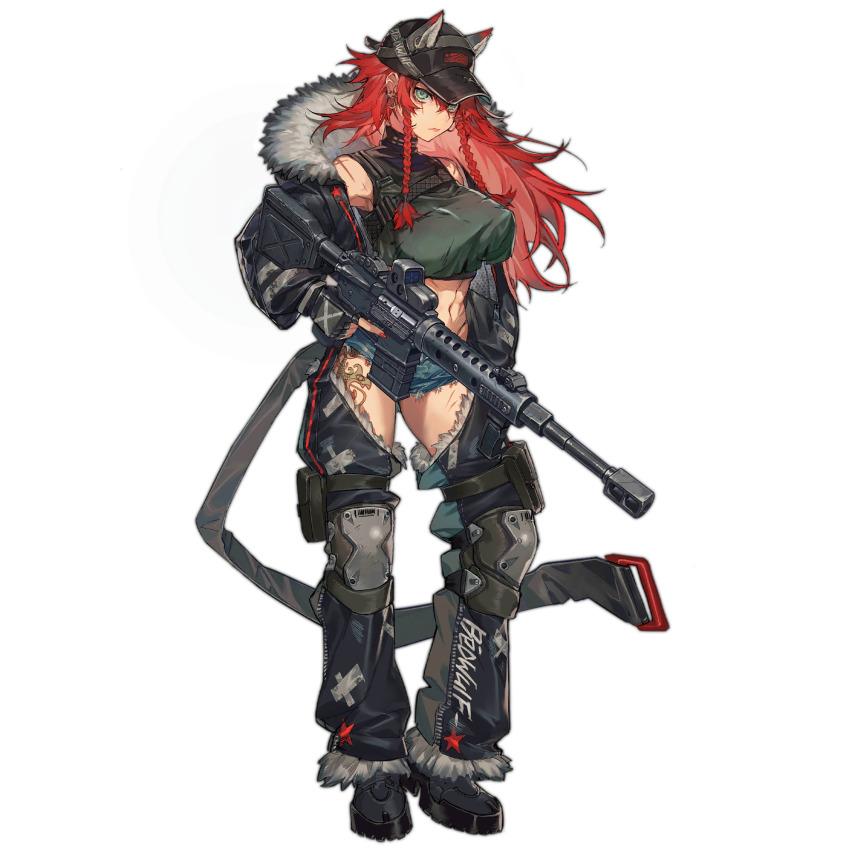 1girl, animal_ears, ar-15, belt, beowulf_(girls'_frontline), black_boots, black_gloves, boots