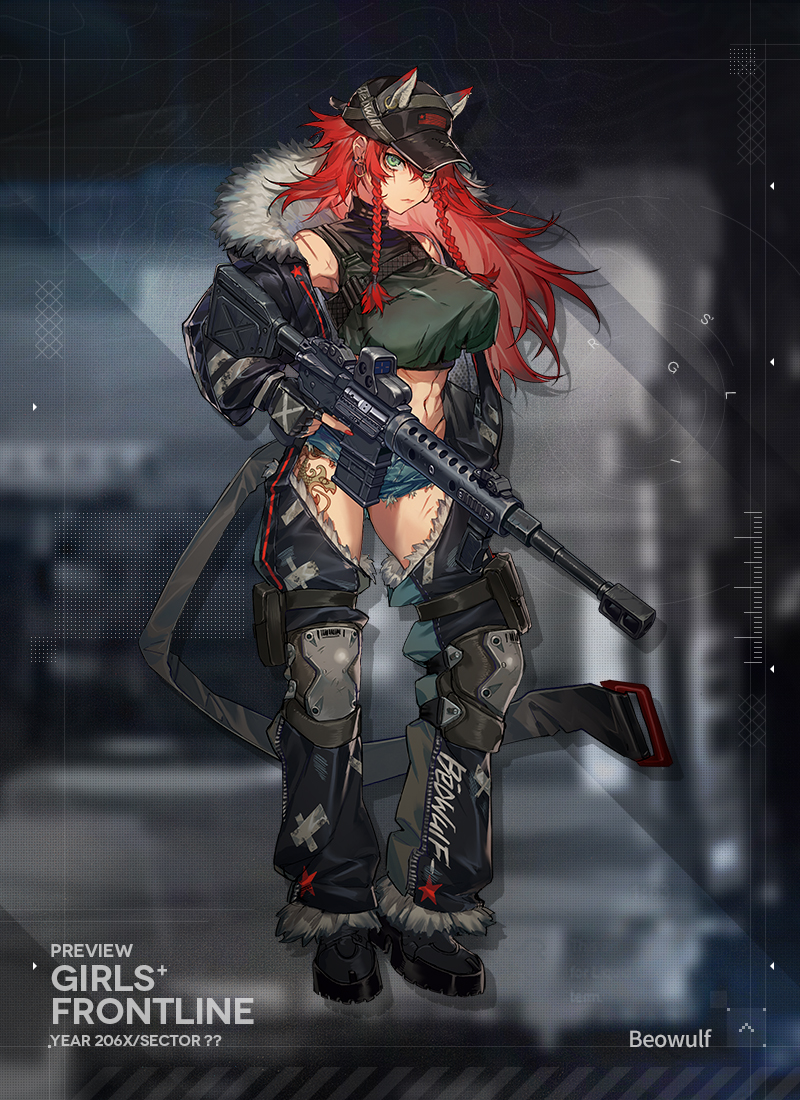 1girl, animal_ears, ar-15, belt, beowulf_(girls'_frontline), black_boots, black_gloves, boots