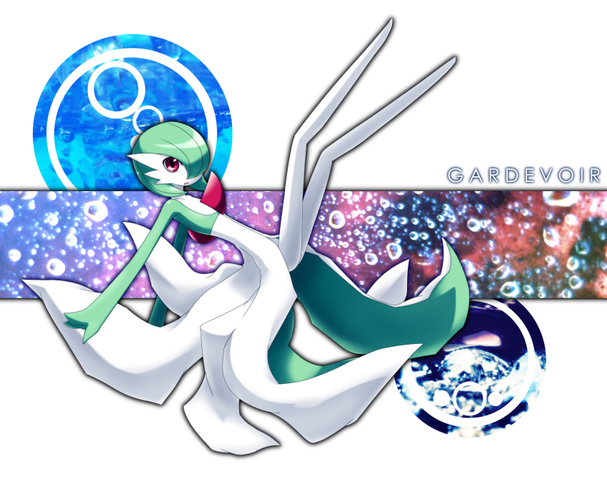 absurdres, bob_cut, character_name, colored_skin, dress, gardevoir, gen_3_pokemon, green_hair