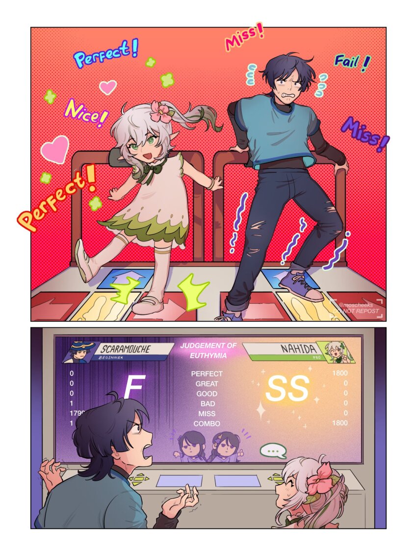 1boy, 1girl, alternate_costume, angry, bemani, contemporary, dance_dance_revolution, dancing