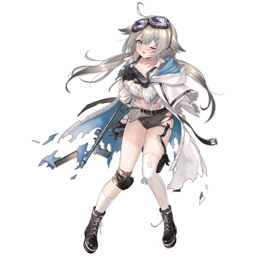 1girl, ahoge, asymmetrical_legwear, belt, belted_coat, black_belt, black_boots, black_gloves