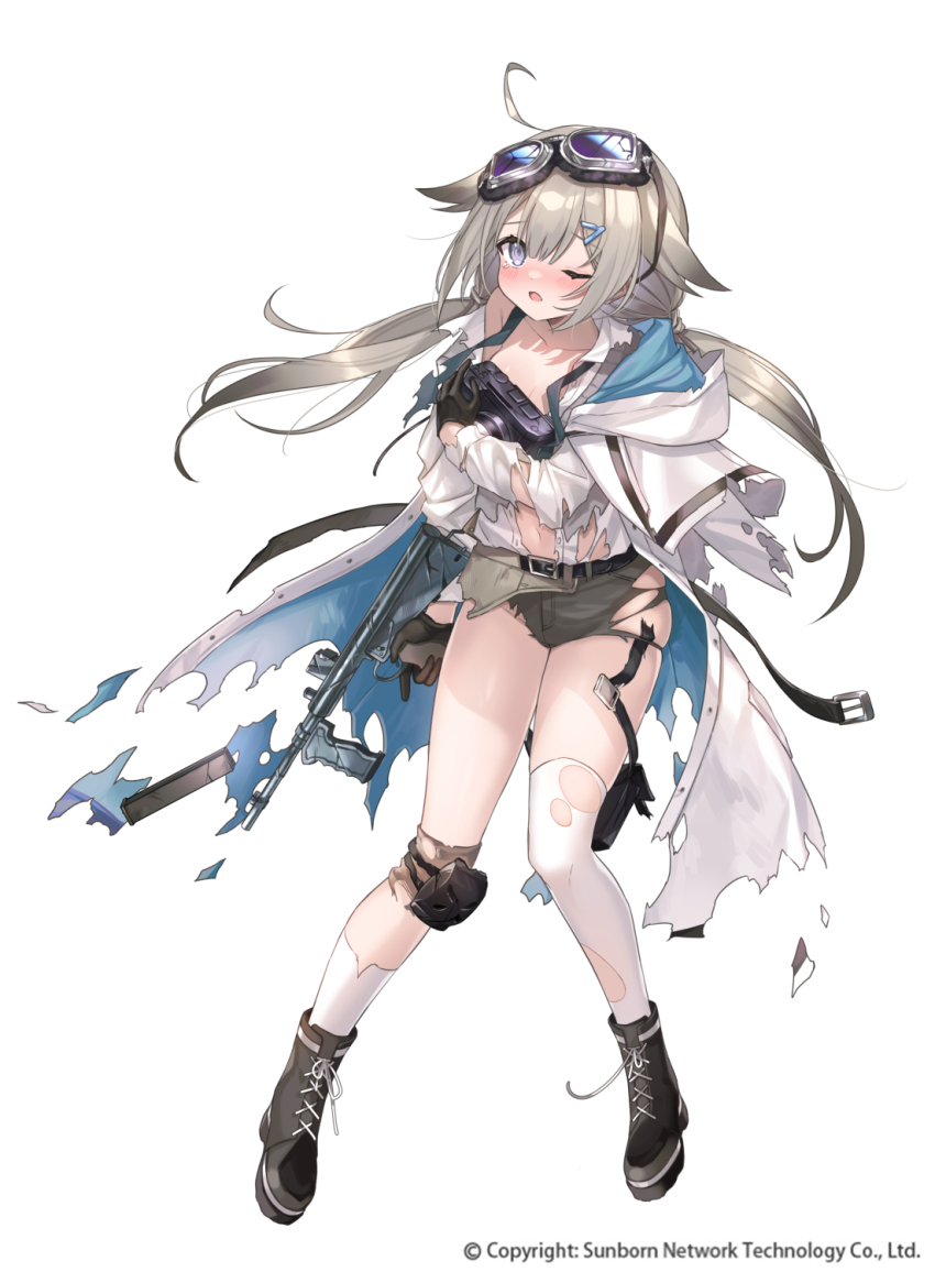 1girl, ahoge, asymmetrical_legwear, belt, belted_coat, black_belt, black_boots, black_gloves, blue_coat, blue_eyes, blue_necktie, blush, boots, broken_goggles, brown_shorts, camera, camera_around_neck, coat, coat_on_shoulders, collared_shirt, commentary_request, company_name, copyright_notice, double-parted_bangs, emblem, full_body, girls'_frontline, gloves, goggles, goggles_on_head, grey_sweater_vest, gun, hair_ears, hair_ornament, hairclip, highres, holding, holding_gun, holding_weapon, hood, hood_down, hooded_coat, knee_pads, kneehighs, lace-up_boots, light_brown_hair, long_hair, long_sleeves, looking_at_viewer, low_twintails, necktie, official_alternate_costume, official_art, one_eye_closed, open_clothes, open_coat, open_mouth, owen_(girls'_frontline), owen_gun, pouch, saiki_komari, shirt, shorts, simple_background, single_knee_pad, single_kneehigh, single_sock, single_thighhigh, socks, solo, standing, sweater_vest, thigh_pouch, thighhighs, torn_clothes, torn_coat, torn_shirt, torn_shorts, torn_socks, torn_straps, torn_thighhighs, trigger_discipline, twintails, two-sided_coat, two-sided_fabric, very_long_hair, weapon, white_background, white_coat, white_shirt, white_socks, white_thighhighs