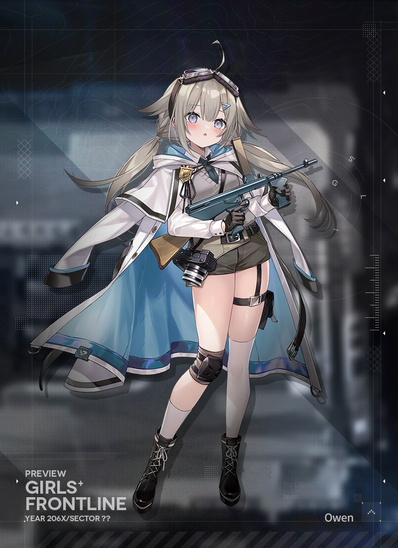 1girl, ahoge, asymmetrical_legwear, belt, belted_coat, black_belt, black_boots, black_gloves, blue_coat, blue_eyes, blue_necktie, blush, boots, brown_shorts, camera, camera_around_neck, character_name, coat, coat_on_shoulders, collared_shirt, commentary, copyright_name, double-parted_bangs, emblem, english_commentary, full_body, girls'_frontline, gloves, goggles, goggles_on_head, grey_sweater_vest, gun, hair_ears, hair_ornament, hairclip, holding, holding_gun, holding_weapon, hood, hood_down, hooded_coat, knee_pads, kneehighs, lace-up_boots, light_brown_hair, long_hair, long_sleeves, looking_at_viewer, low_twintails, necktie, official_alternate_costume, official_art, open_clothes, open_coat, owen_(girls'_frontline), owen_gun, parted_lips, pouch, promotional_art, saiki_komari, second-party_source, shirt, shorts, single_knee_pad, single_kneehigh, single_sock, single_thighhigh, socks, solo, standing, sweater_vest, thigh_pouch, thighhighs, trigger_discipline, twintails, two-sided_coat, two-sided_fabric, very_long_hair, weapon, white_coat, white_shirt, white_socks, white_thighhighs