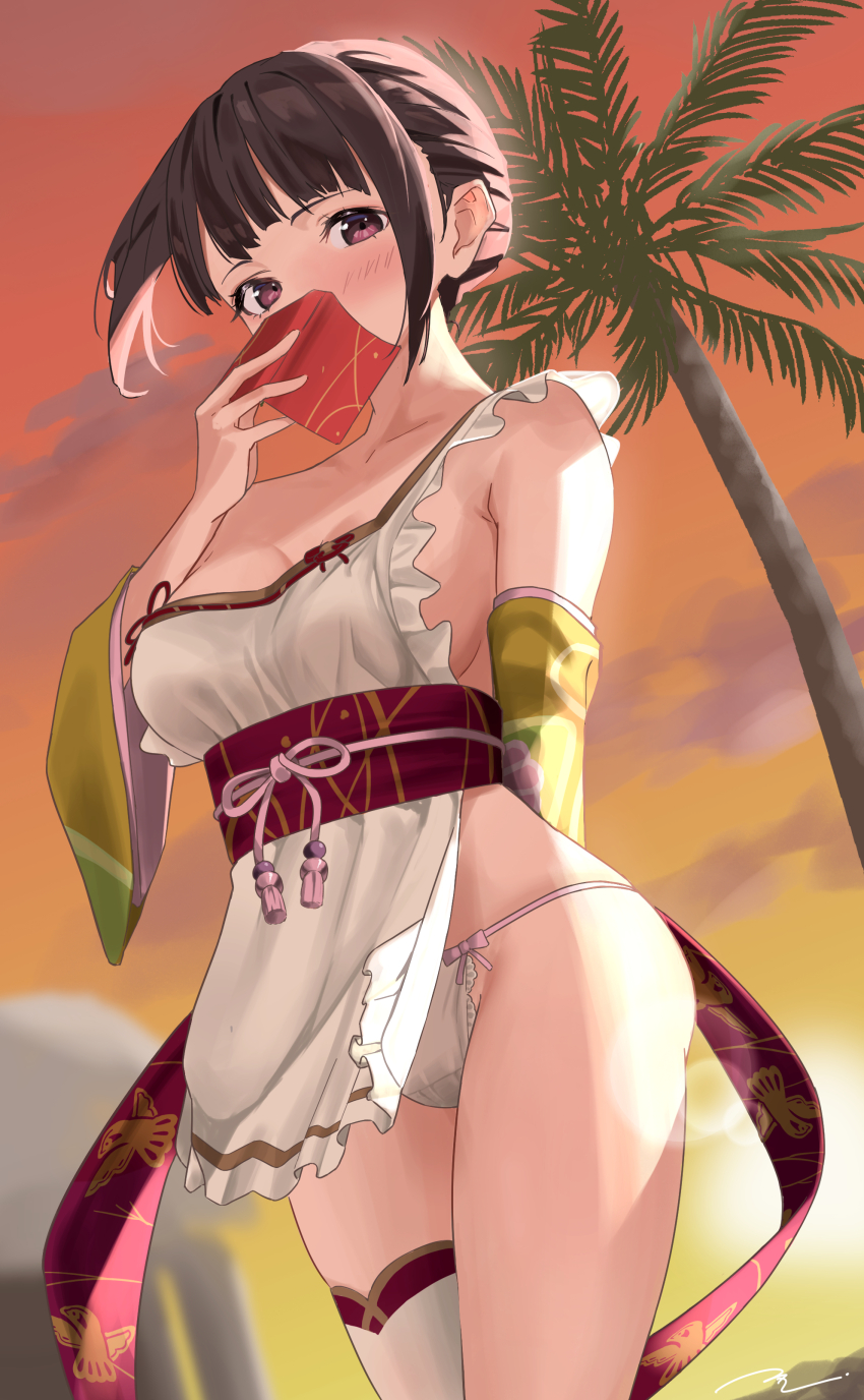 1girl, absurdres, apron, arm_behind_back, blush, breasts, brown_hair, cleavage, commentary_request, covering_own_mouth, dead_or_alive, dead_or_alive_xtreme, detached_sleeves, from_below, green_sleeves, highres, hoki1314, koharu_(doa), lace, lace-trimmed_panties, lace_trim, large_breasts, lens_flare, looking_at_viewer, lowleg, lowleg_panties, maid_apron, obi, palm_tree, panties, pantyshot, purple_eyes, red_sash, sash, short_hair, sideboob, signature, single_thighhigh, solo, strap_slip, sunset, thighhighs, tree, underwear, white_apron, white_panties, white_thighhighs, wide_sleeves