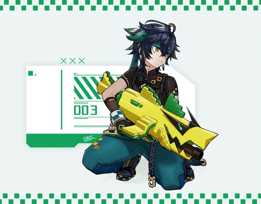 1boy, ajaw_(genshin_impact), black_boots, black_gloves, black_hair, blue_pants, boots, closed_mouth, commentary_request, dango_turtle, earrings, genshin_impact, gloves, goddess_of_victory:_nikke, gun, headband, holding, holding_gun, holding_weapon, jewelry, kinich_(genshin_impact), male_focus, meme, multicolored_hair, nikke's_shooting_pose_(meme), objectification, on_one_knee, pants, parody, signature, simple_background, solo, weapon