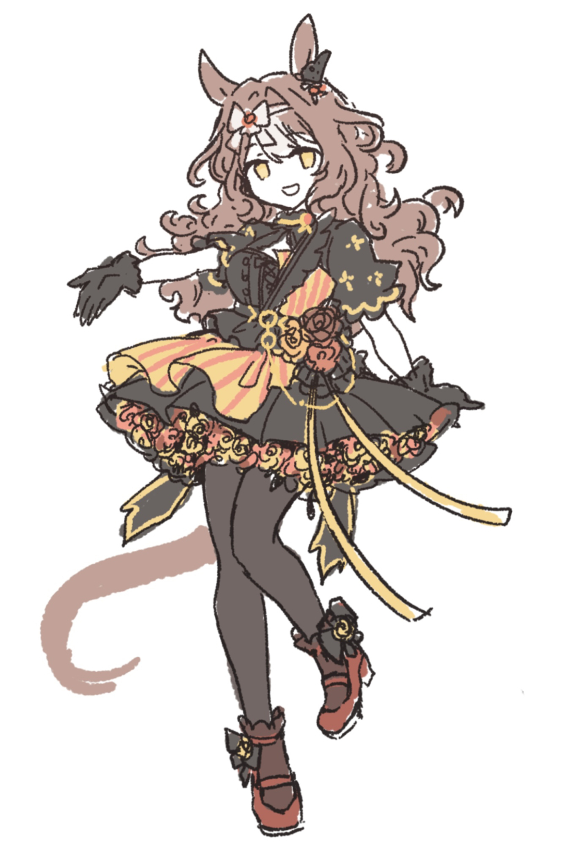 1girl, animal_ears, breasts, brown_eyes, brown_hair, commentary_request, dress, flower_park_(racehorse), full_body, gloves, hair_ornament, highres, horse_ears, horse_girl, horse_tail, long_hair, looking_at_viewer, medium_breasts, open_mouth, original, personification, shoes, simple_background, sonori, tail, white_background