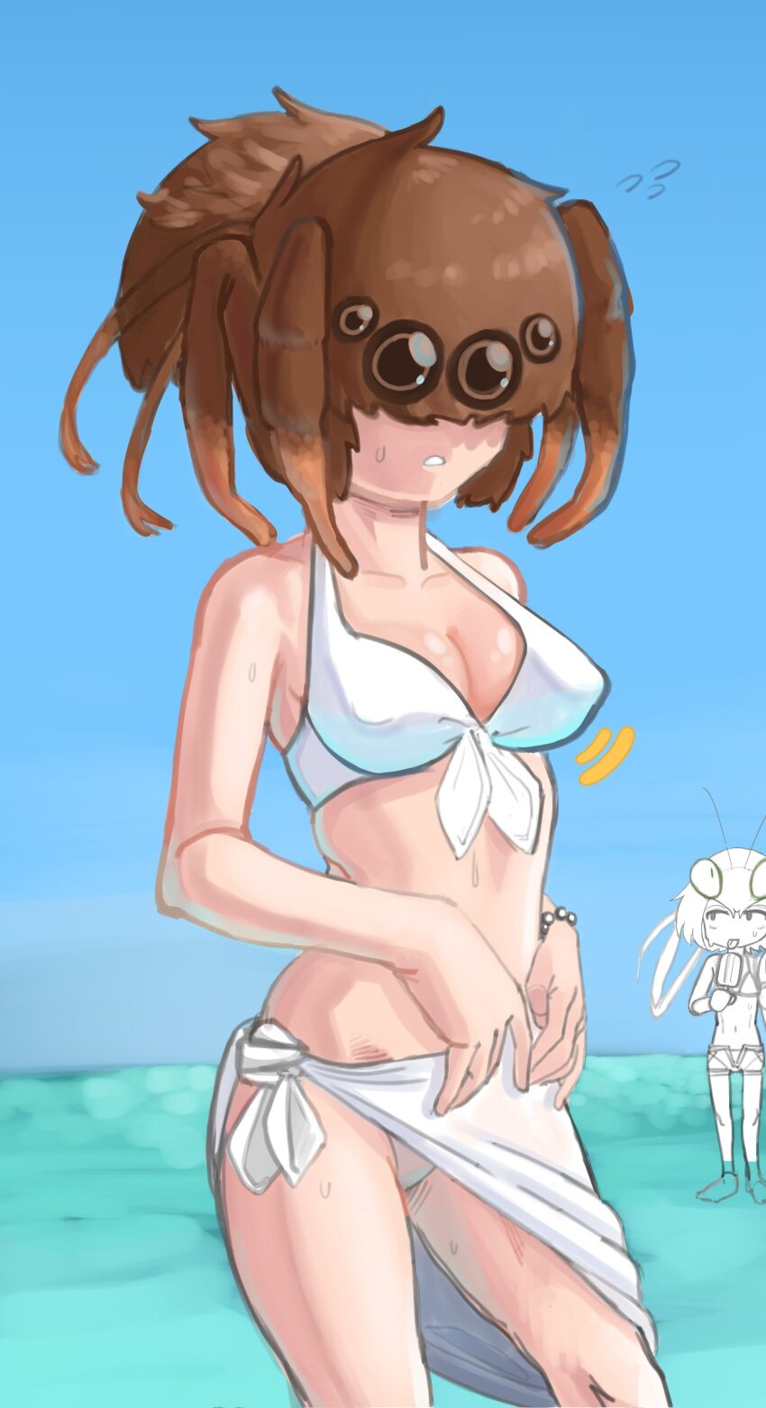 2girls, absurdres, arthropod_girl, bikini, blue_sky, bracelet, breasts, brown_hair