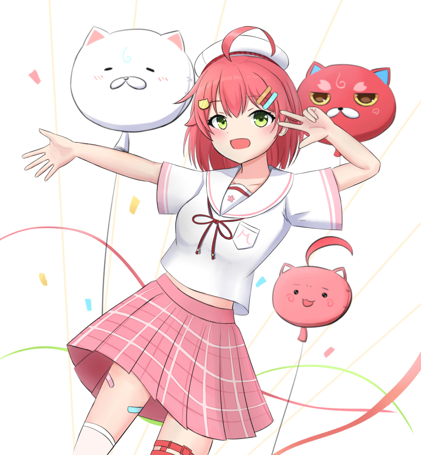 1girl, 35p_(sakura_miko), ahoge, ancha_(itea111), balloon, bandaid, bandaid_hair_ornament, bandaid_on_thigh, beret, blush, breast_pocket, cat_hair_ornament, collarbone, confetti, green_eyes, hair_ornament, hairclip, hat, highres, hololive, kintoki_(sakura_miko), maguchi_(sakura_miko), midriff_peek, neck_ribbon, official_alternate_costume, open_hand, open_mouth, outstretched_arm, palms, pink_hair, pink_skirt, plaid_clothes, plaid_skirt, pleated_skirt, pocket, red_ribbon, ribbon, sakura_miko, sakura_miko_(school_uniform), school_uniform, serafuku, shirt, short_hair, short_sleeves, skirt, solo, thigh_strap, thighhighs, virtual_youtuber, w, w_over_eye, white_hat, white_shirt, white_thighhighs