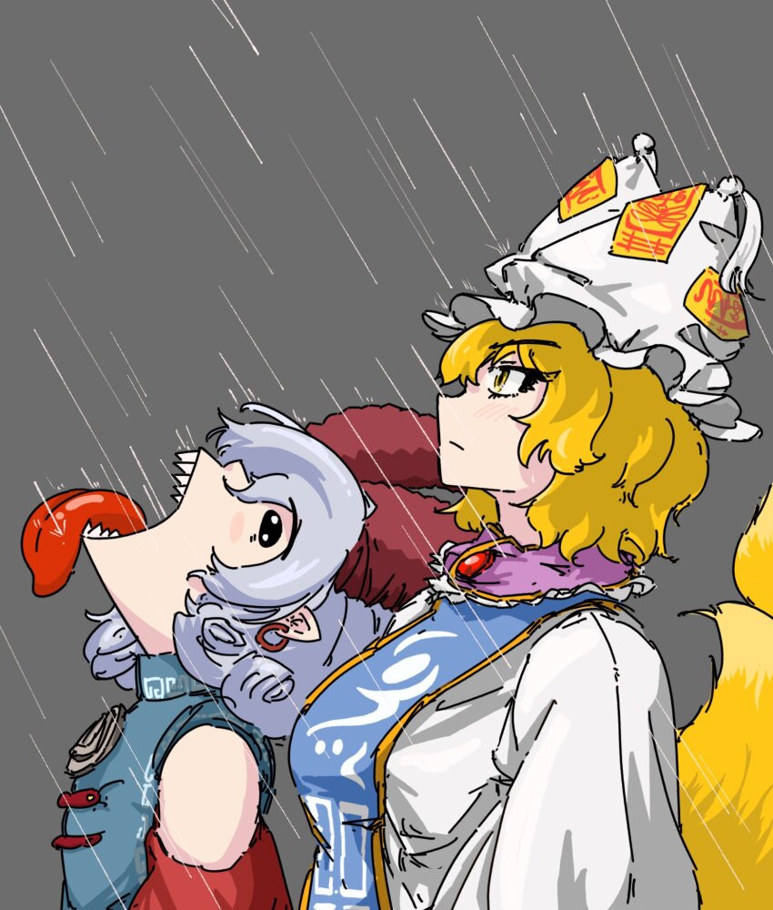 2girls, animal_hat, bare_shoulders, blonde_hair, blue_dress, blue_tabard, dress, fox_tail, goku_and_vegeta_in_the_rain_(meme), grey_hair, hat, highres, horns, kitsune, koumakanbomb, looking_up, meme, mob_cap, multiple_girls, multiple_tails, rain, red_horns, red_sleeves, sharp_teeth, sheep_horns, short_hair, tabard, tail, teeth, tongue, tongue_out, touhou, toutetsu_yuuma, turtleneck, turtleneck_dress, upper_body, white_dress, white_hat, yakumo_ran, yellow_eyes