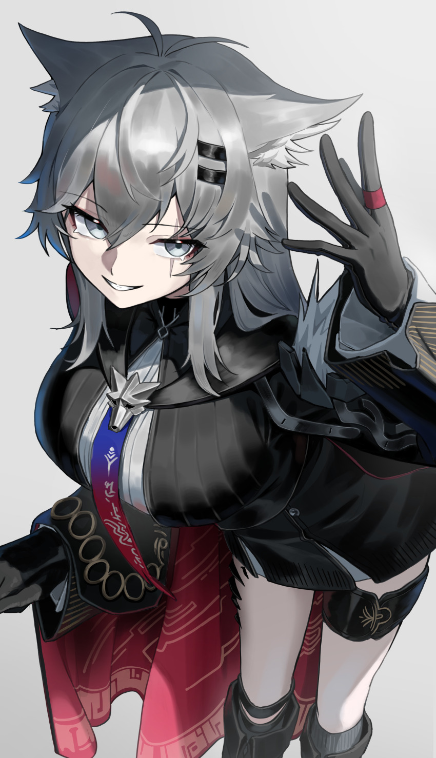 1girl, absurdres, animal_ears, arknights, arm_up, black_boots, black_gloves, black_jacket