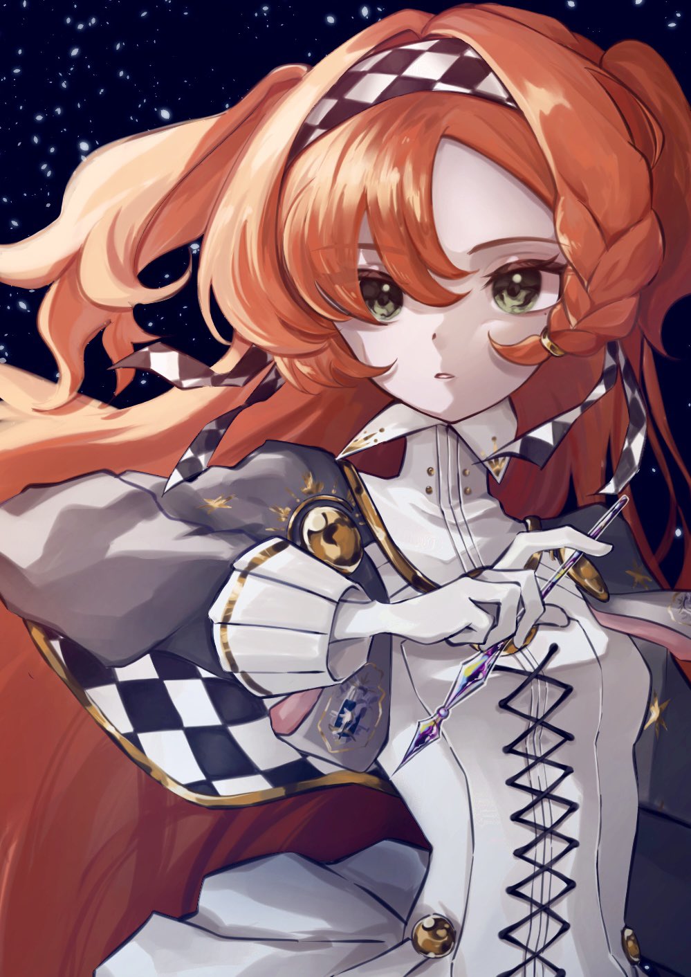 1girl, black_background, checkered_hairband, collared_dress, cropped, dress, glass_pen, gloves