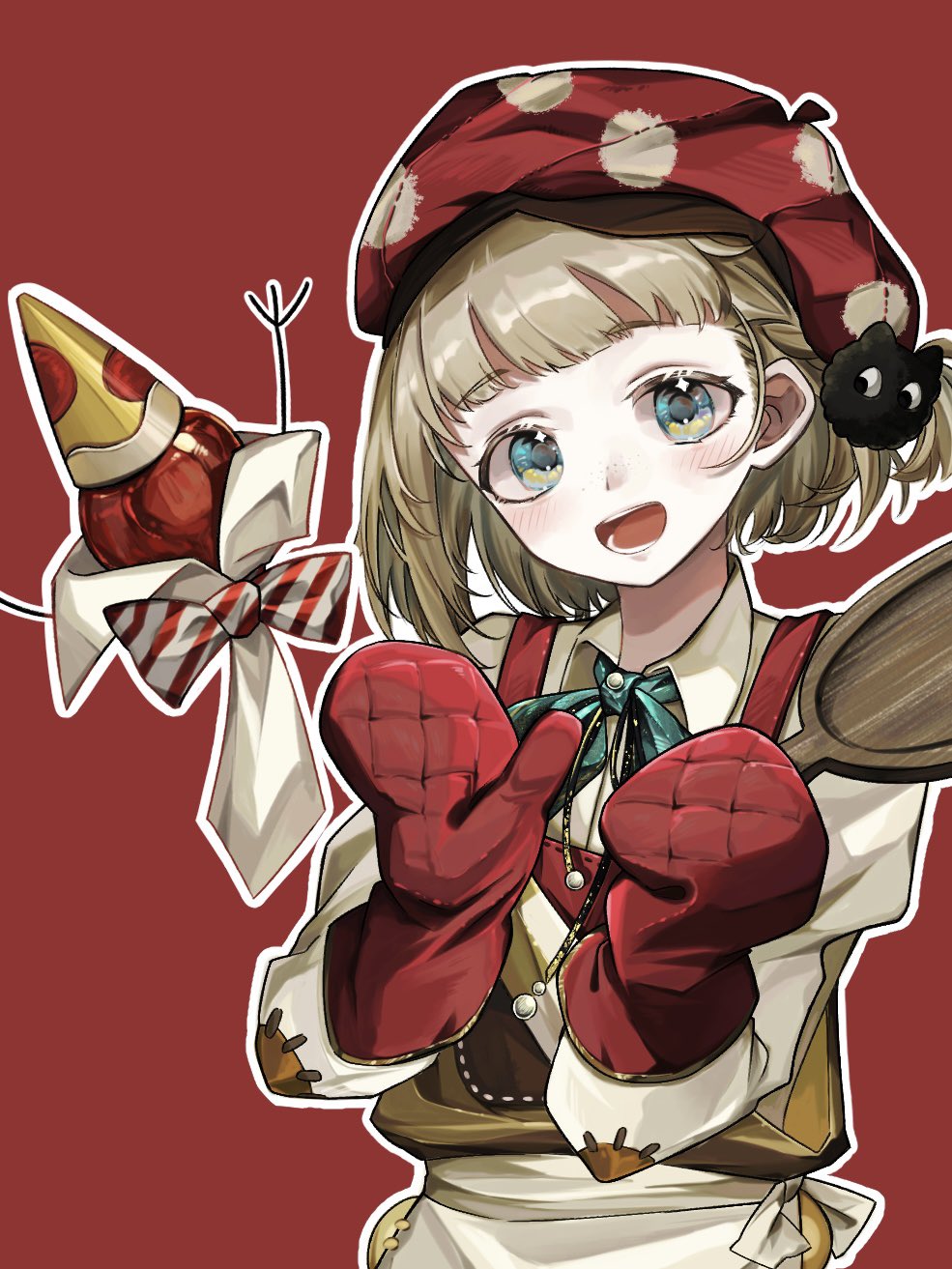 1boy, :d, apple, apple_(reverse:1999), aqua_bow, aqua_bowtie, beret, blonde_hair