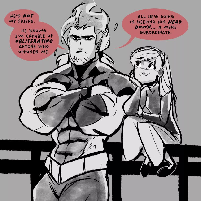 1boy, 1girl, abs, biceps, bodysuit, commentary, crossed_arms, danny_phantom