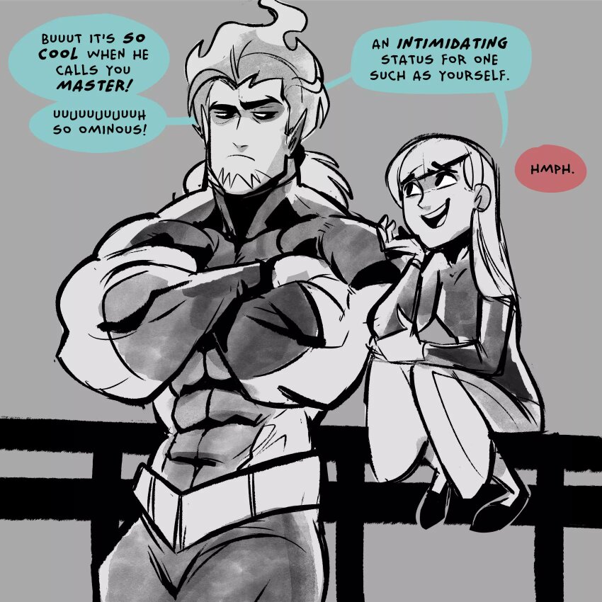 1boy, 1girl, abs, biceps, bodysuit, commentary, crossed_arms, danny_phantom