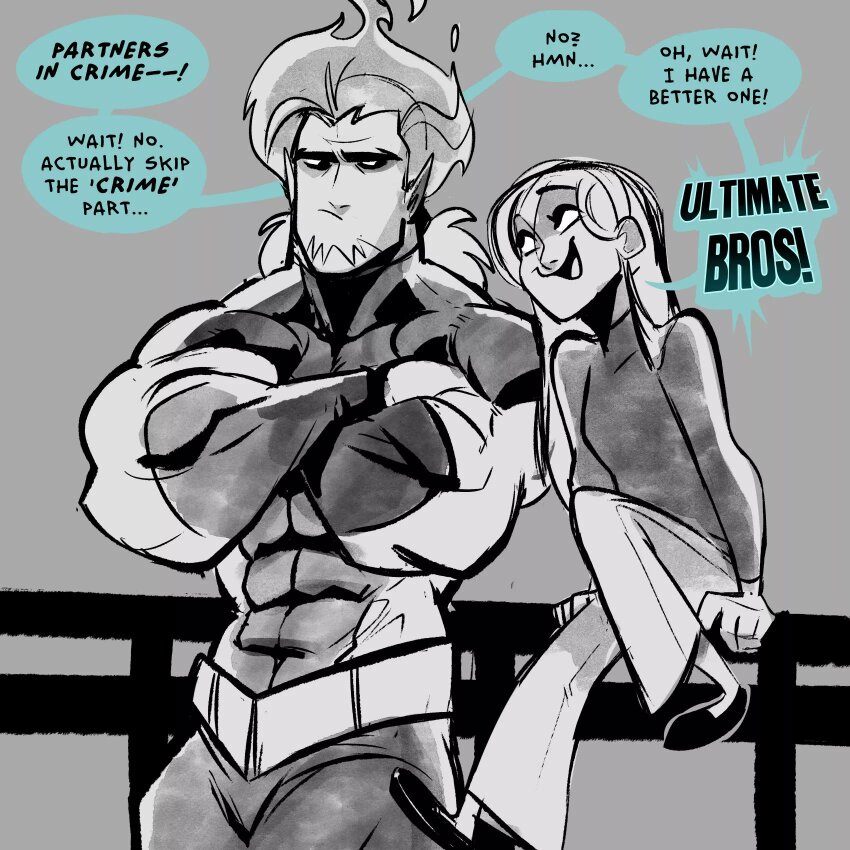 1boy, 1girl, abs, biceps, bodysuit, commentary, crossed_arms, danny_phantom