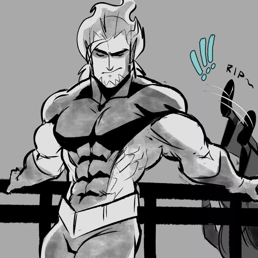 !, !!, 1boy, 1girl, abs, biceps, bodysuit, closed_mouth