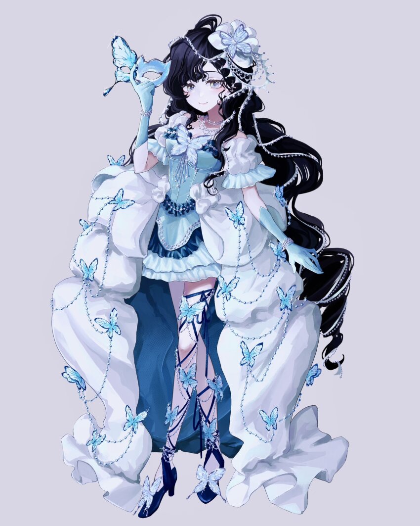 1girl, alternate_costume, black_dress, black_hair, blue_butterfly, blue_footwear, blue_gloves, blue_mask, breasts, bug, butterfly, butterfly_hair_ornament, butterfly_ornament, cleavage, dress, eye_mask, flower, full_body, gloves, hair_flower, hair_ornament, hand_up, high_heels, highres, holding, holding_mask, insect, isolde_(reverse:1999), jewelry, leg_ribbon, long_hair, looking_at_viewer, mask, minnim, necklace, overskirt, pearl_necklace, purple_background, reverse:1999, ribbon, short_sleeves, smile, solo, standing, unworn_mask, very_long_hair, white_flower, white_overskirt