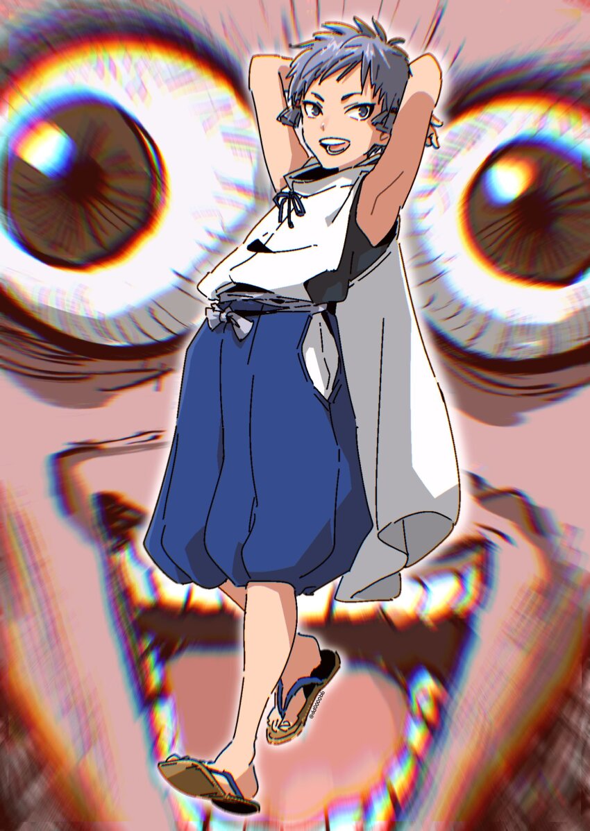 2boys, :d, armpits, arms_behind_head, arms_up, bibi_(uzu-uzu-uzu), bloodshot_eyes, blue_bow