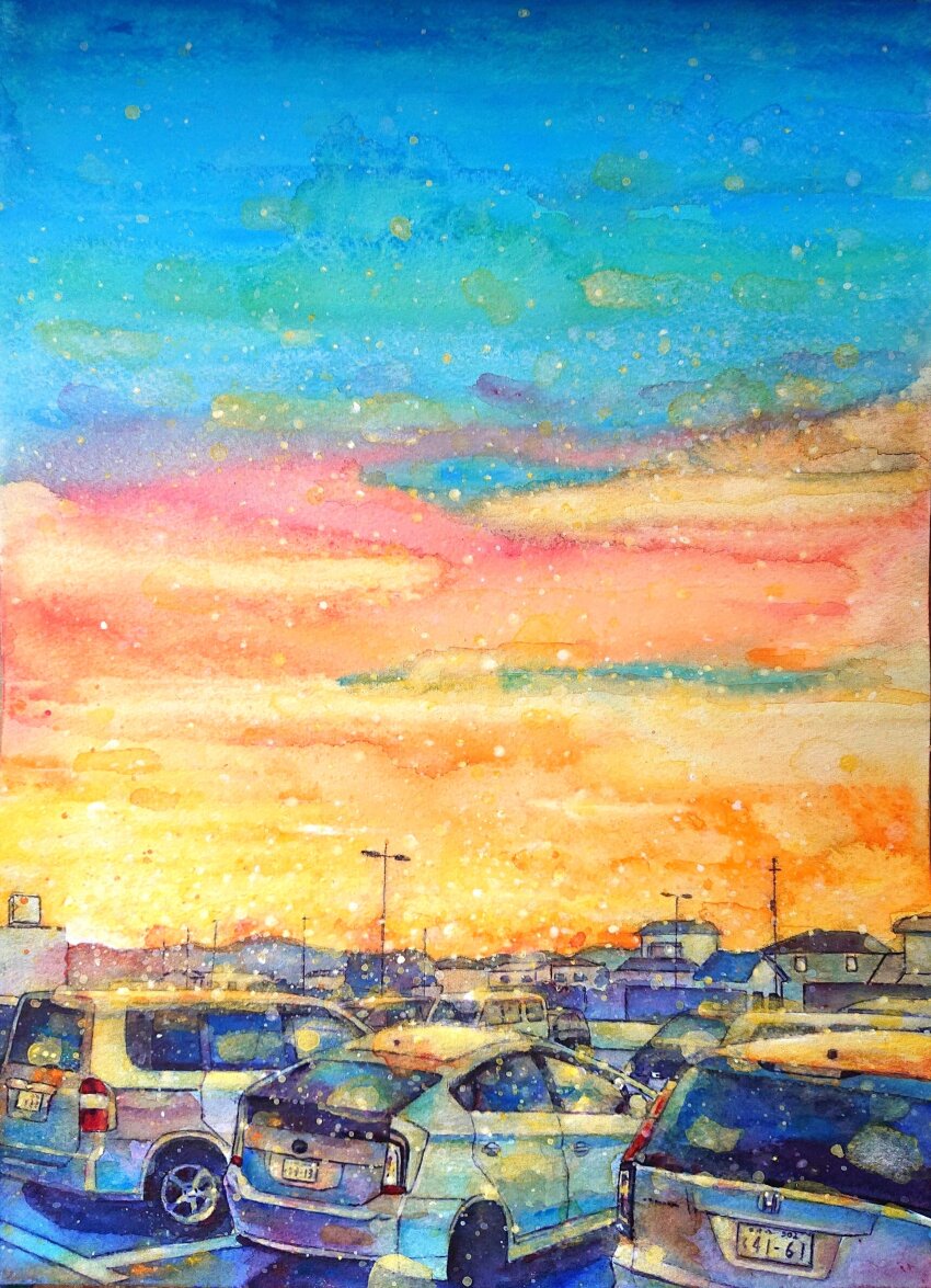 absurdres, acrylic_paint_(medium), blue_sky, car, day, highres, jobanni, lamppost