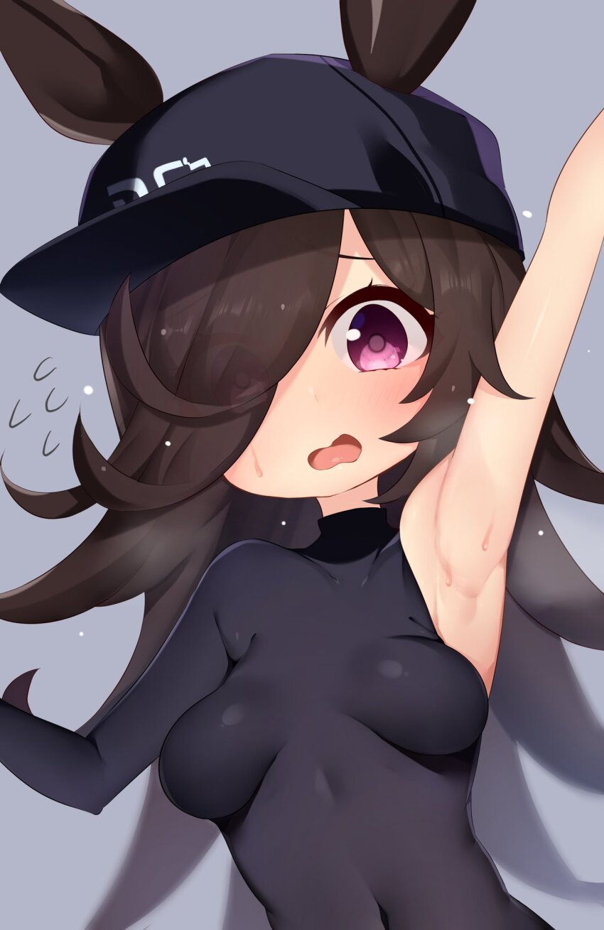 1girl, alternate_costume, animal_ears, arm_up, armpits, black_hair, boc'z_(umamusume), breasts