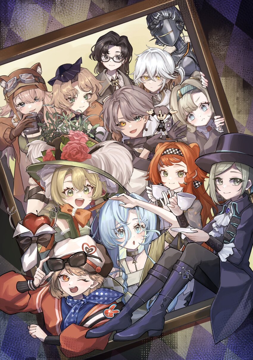 >:(, 1boy, 1other, 37_(reverse:1999), 6+girls, :o, ;d, animal_ear_headwear