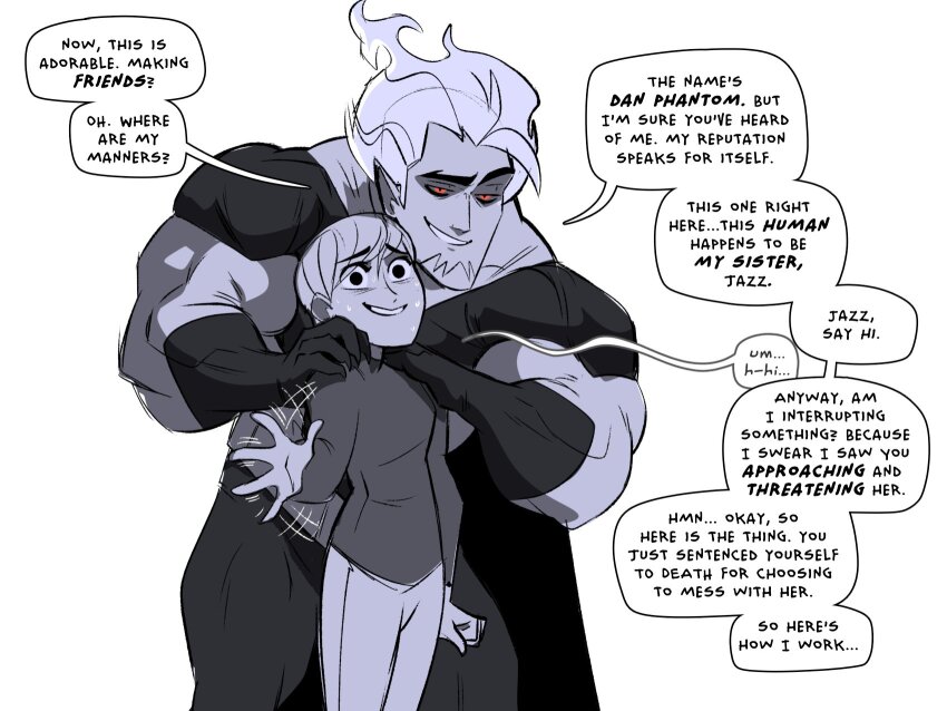 1boy, 1girl, abs, biceps, bodysuit, commentary, danny_phantom, dark_danny