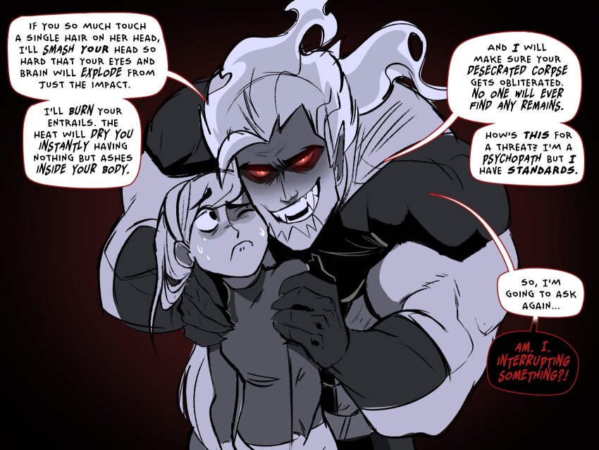 1boy, 1girl, abs, biceps, bodysuit, commentary, danny_phantom, dark_danny