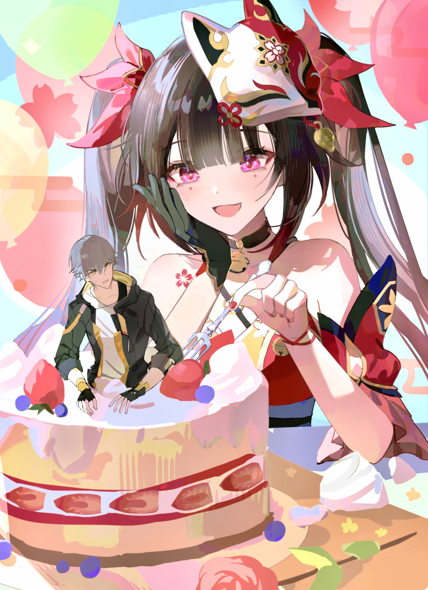 1boy, 1girl, bazhua, bell, black_coat, black_gloves, black_hair, caelus_(honkai:_star_rail)