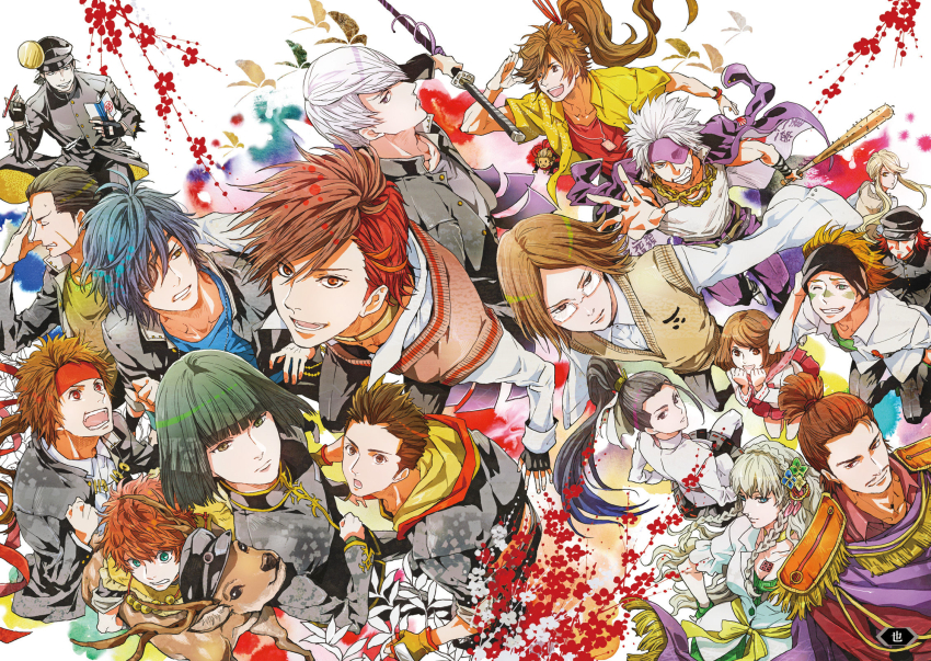 4girls, 6+boys, :d, :o, aqua_eyes, artist_request, ashikaga_yoshiteru_(sengoku_basara), baseball_bat