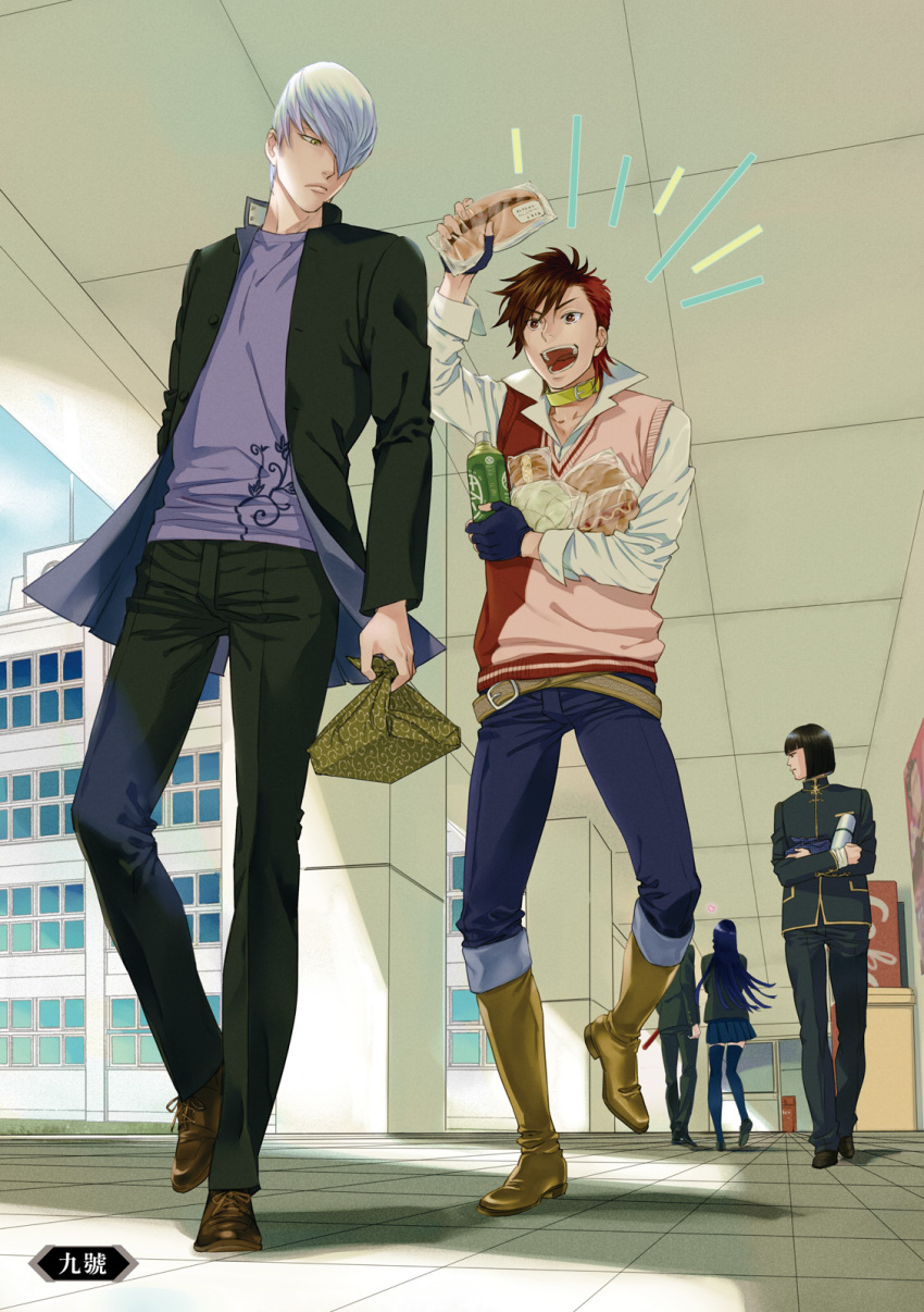 1girl, 4boys, :d, azai_nagamasa_(sengoku_basara), black_pants, blunt_bangs, blunt_ends, boots