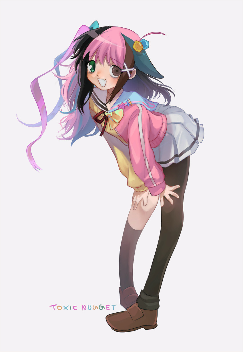 1girl, :d, absurdres, artist_name, asymmetrical_legwear, bags_under_eyes, black_hair, black_pantyhose