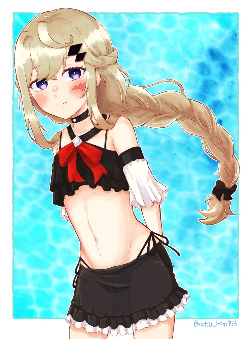 1girl, absurdres, arm_behind_back, bikini, black_bikini, black_bow, black_choker, blue_background, border, bow, braid, choker, detached_sleeves, highres, katou_hsm153, live_a_hero, long_hair, looking_at_viewer, melide_(live_a_hero), navel, red_ribbon, ribbon, scar, scar_on_face, smile, solo, swimsuit, twitter_username, white_border