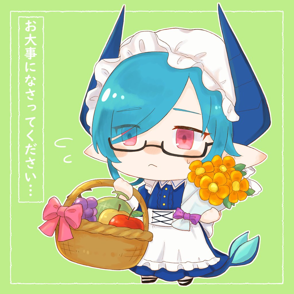 1girl, apple, basket, blue_dress, blue_hair, bouquet, chibi, chibi_only