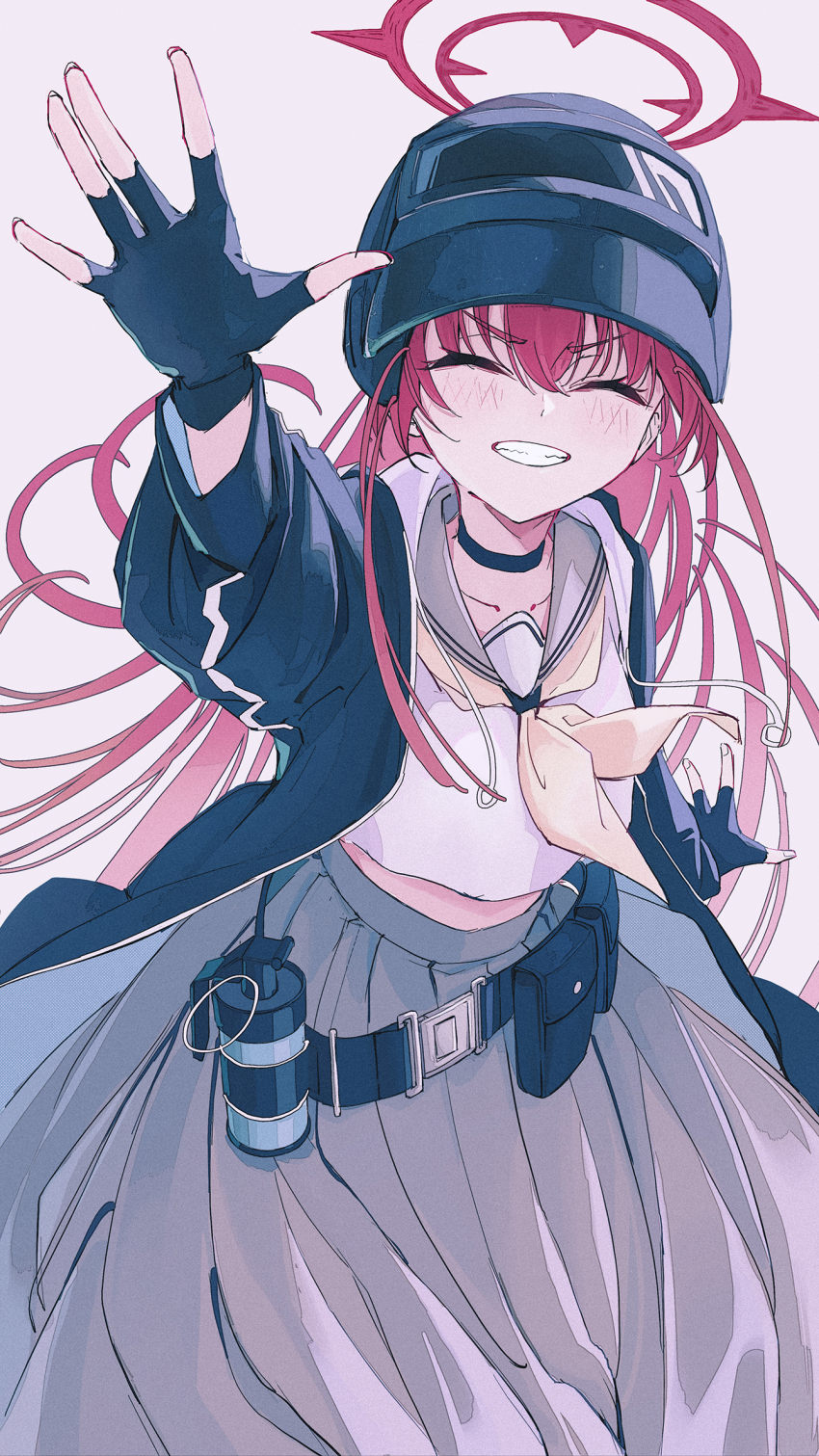 1girl, altyn_helmet, arm_up, black_gloves, black_helmet, black_jacket, blue_archive, closed_eyes