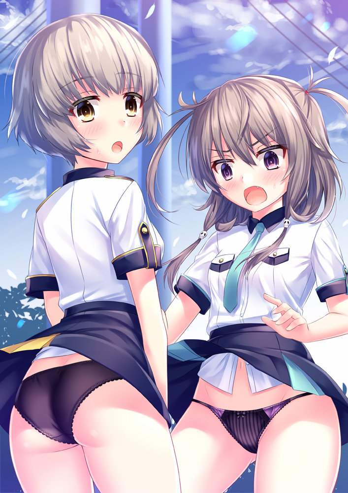 2girls, :d, aqua_necktie, ass, blue_skirt, blunt_bangs, blush, breast_pocket