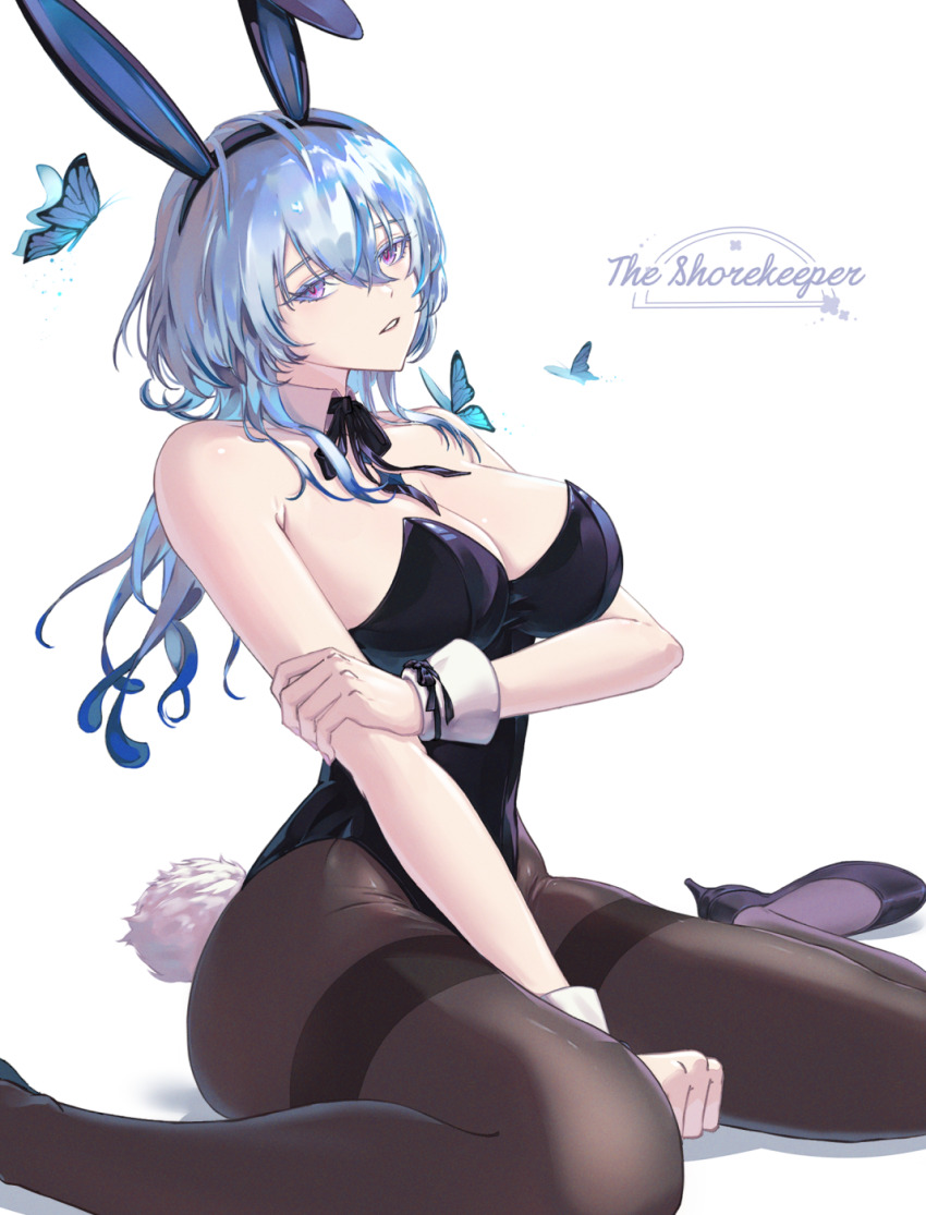 1girl, alternate_costume, animal_ears, bare_shoulders, black_footwear, black_leotard, black_pantyhose, black_ribbon