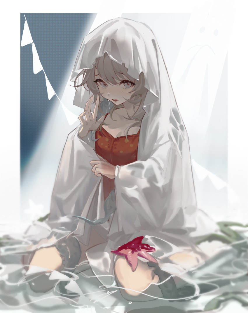 1girl, absurdres, bed_sheet, cracra, full_body, furrowed_brow, ghost_costume, grey_background