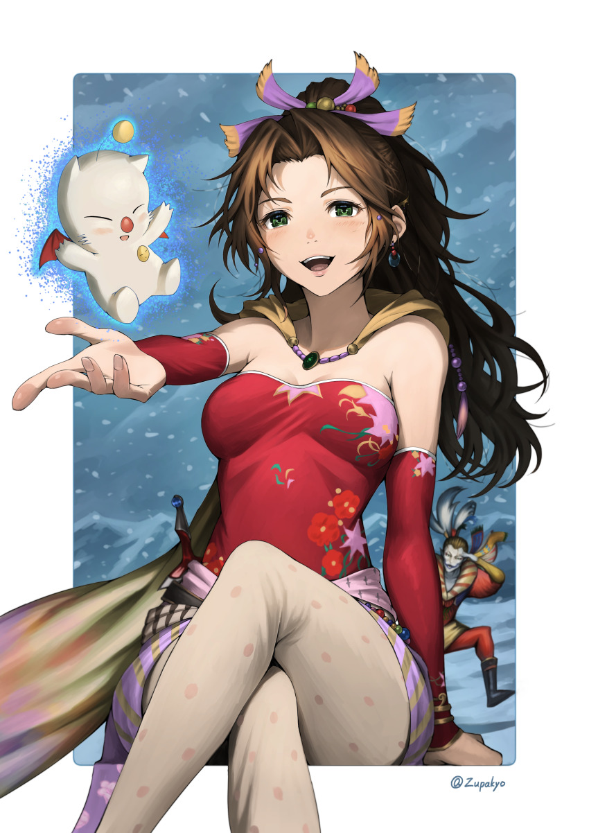 1boy, 1girl, absurdres, aerith_gainsborough, aerith_gainsborough_(terra's_garb), bare_shoulders, blush, border, breasts, brown_hair, cape, cefca_palazzo, clown, cosplay, crossed_legs, detached_sleeves, dress, earrings, final_fantasy, final_fantasy_vi, final_fantasy_vii, final_fantasy_vii:_ever_crisis, green_eyes, hair_ornament, hair_ribbon, highres, in-franchise_crossover, jewelry, long_hair, looking_at_viewer, medium_breasts, moogle, open_mouth, outdoors, outstretched_hand, pantyhose, print_pantyhose, ribbon, sash, sitting, smile, snow, snowing, strapless, strapless_dress, terra_branford_(cosplay), tina_branford, tube_dress, waist_sash, white_border, yellow_cape, zupakyo