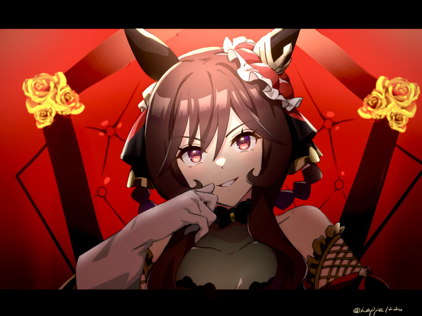 1girl, animal_ears, breasts, brown_hair, cleavage, ear_covers, gentildonna_(umamusume), gloves