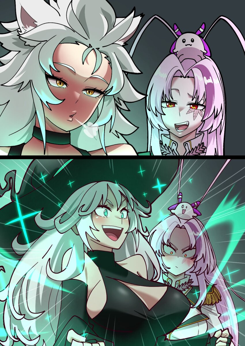 animal_ears, antenna_hair, arthropod_girl, binsake6969, black_gloves, black_shirt, blush, breasts