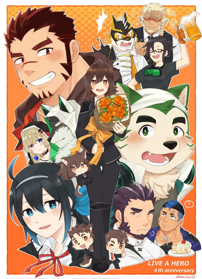 5girls, 6+boys, akashi_(live_a_hero), black_hair, black_jacket, black_pants, blank_eyes, bouquet