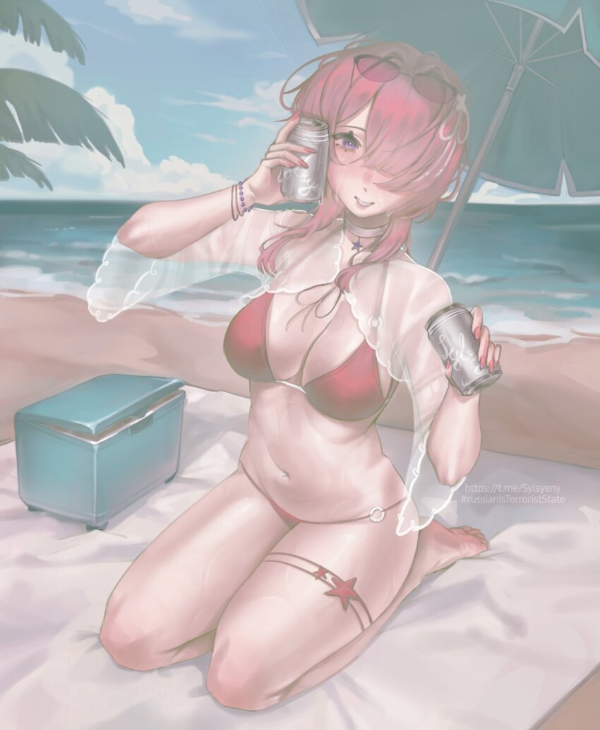 1girl, beach, beachwear, blush, bow, bra, bracelet, breasts, can, choker, commentary, english_commentary, eyes_visible_through_hair, frilled_thigh_strap, hair_bow, hair_ornament, hair_over_one_eye, highres, holding, holding_can, jewelry, large_breasts, looking_at_viewer, minifridge, navel, panties, parasol, pink_bra, pink_hair, pink_panties, purple_eyes, self-upload, short_hair, short_hair_with_long_locks, smile, solo, sunglasses, sylsyen, taoqi_(wuthering_waves), telegram_id, thigh_strap, umbrella, underwear, watermark, wuthering_waves