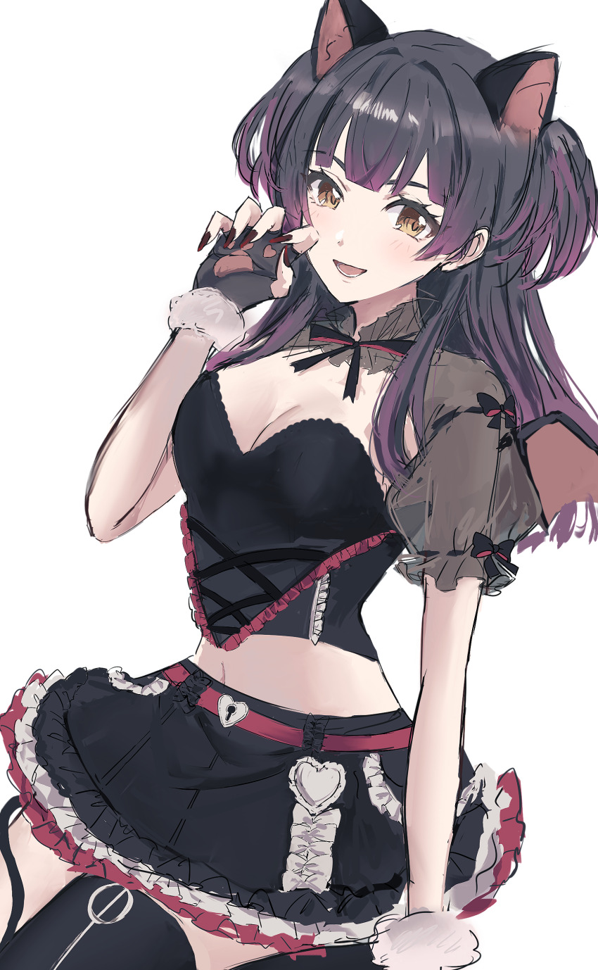 1girl, absurdres, animal_ears, black_hair, black_skirt, blush, breasts, cat_ears, claw_pose, cleavage, commentary, cropped_shirt, fingernails, highres, idolmaster, idolmaster_shiny_colors, long_hair, looking_at_viewer, mayuzumi_fuyuko, medium_breasts, midriff, nail_polish, navel, puffy_short_sleeves, puffy_sleeves, riyu_(jmvt8232), see-through_clothes, see-through_sleeves, short_sleeves, simple_background, skirt, smile, solo, two_side_up, white_background