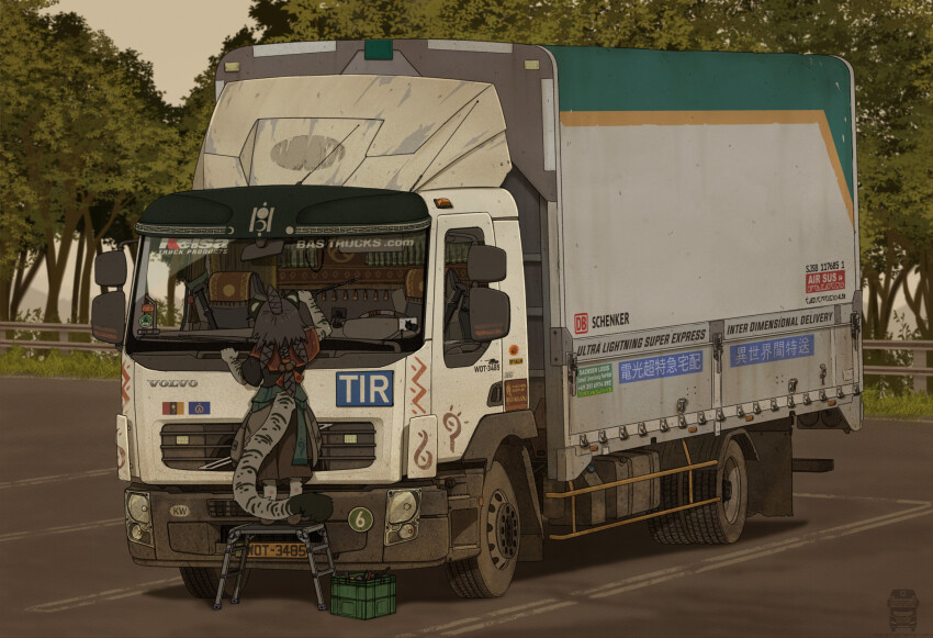 1girl, animal_ears, black_hair, braid, commentary, crate, english_commentary, furry, furry_female, grey_shorts, hair_ornament, highres, leopard_ears, leopard_girl, leopard_tail, merqrous, motor_vehicle, original, outdoors, parking_lot, rear-view_mirror, scenery, semi_truck, short_sleeves, shorts, standing, tail, tree, truck, vehicle_focus, volvo, wide_shot, wipers