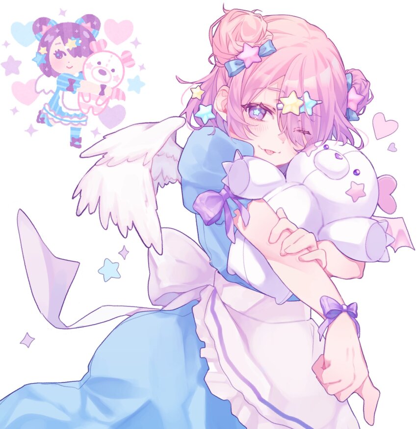 1girl, ;p, apron, blue_bow, blue_dress, bow, double_bun, dress, feathered_wings, hair_bow, hair_bun, hair_ornament, hair_over_one_eye, highres, holding, holding_stuffed_toy, irasutoya, irasutoya_challenge, one_eye_closed, pink_hair, purple_eyes, reference_inset, short_hair, simple_background, solo, star-shaped_pupils, star_(symbol), star_hair_ornament, stuffed_animal, stuffed_toy, symbol-shaped_pupils, teddy_bear, tongue, tongue_out, val_yoduki, white_apron, white_background, white_wings, wings, yume_kawaii