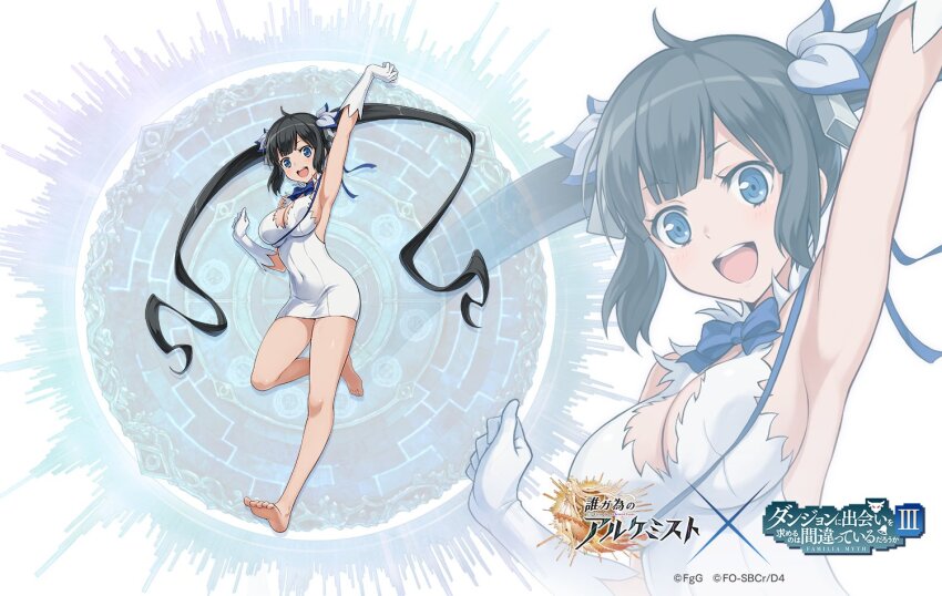 1girl, :d, arm_up, barefoot, black_hair, blue_bow, blue_bowtie, blue_eyes