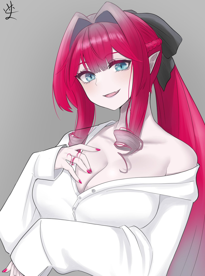 1girl, baobhan_sith_(fate), blue_eyes, blush, borrowed_clothes, breasts, cleavage, fang